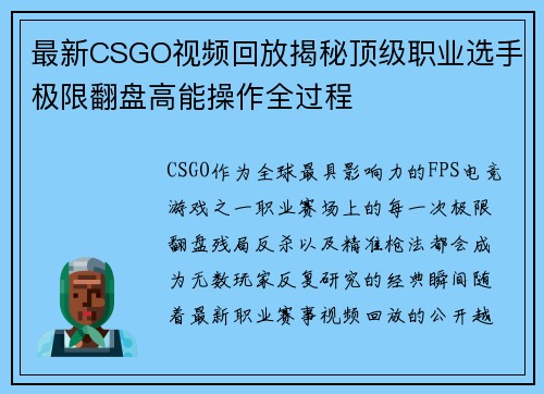 最新CSGO视频回放揭秘顶级职业选手极限翻盘高能操作全过程