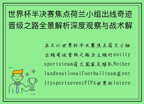 世界杯半决赛焦点荷兰小组出线奇迹晋级之路全景解析深度观察与战术解读